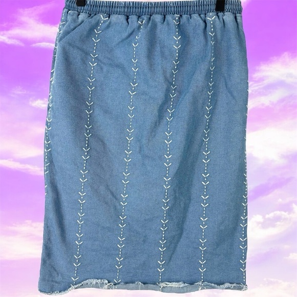 Polagram Blue Embroidered Denim Midi Skirt Elastic Tie Waist 28in VTG 90s look - Picture 6 of 10